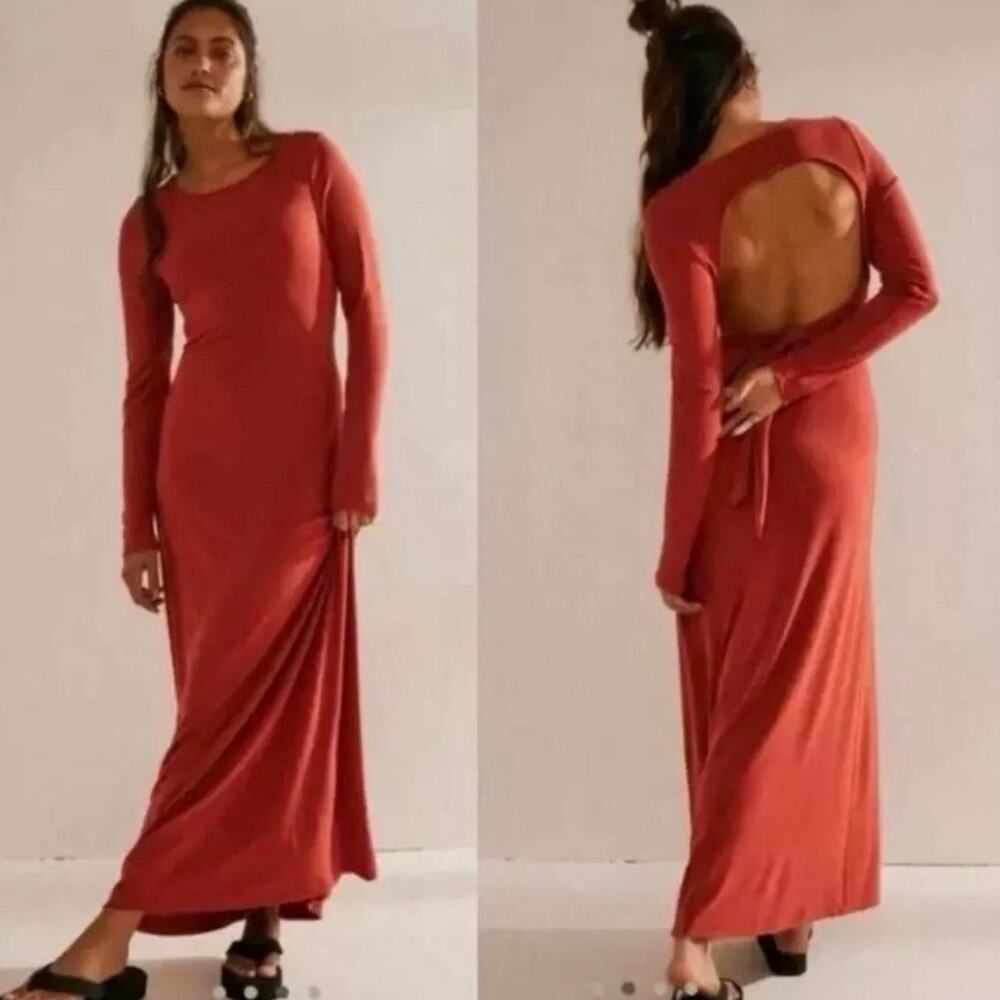 Free People Beach Aubre Open-Back Essential Maxi Dress in Burnt Orange S